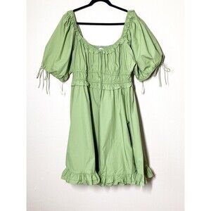 En Saison Danielle Poplin Puff-Sleeve Tiered Mini Dress 2X Green 100% Cotton